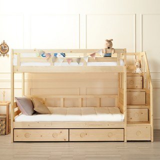 [추가즉시할인] 에보니아 미키 계단형 원목이층침대 슈퍼싱글 매트선택/책꽂이선택 (계단서랍포함/하부서랍포함), 매트제외