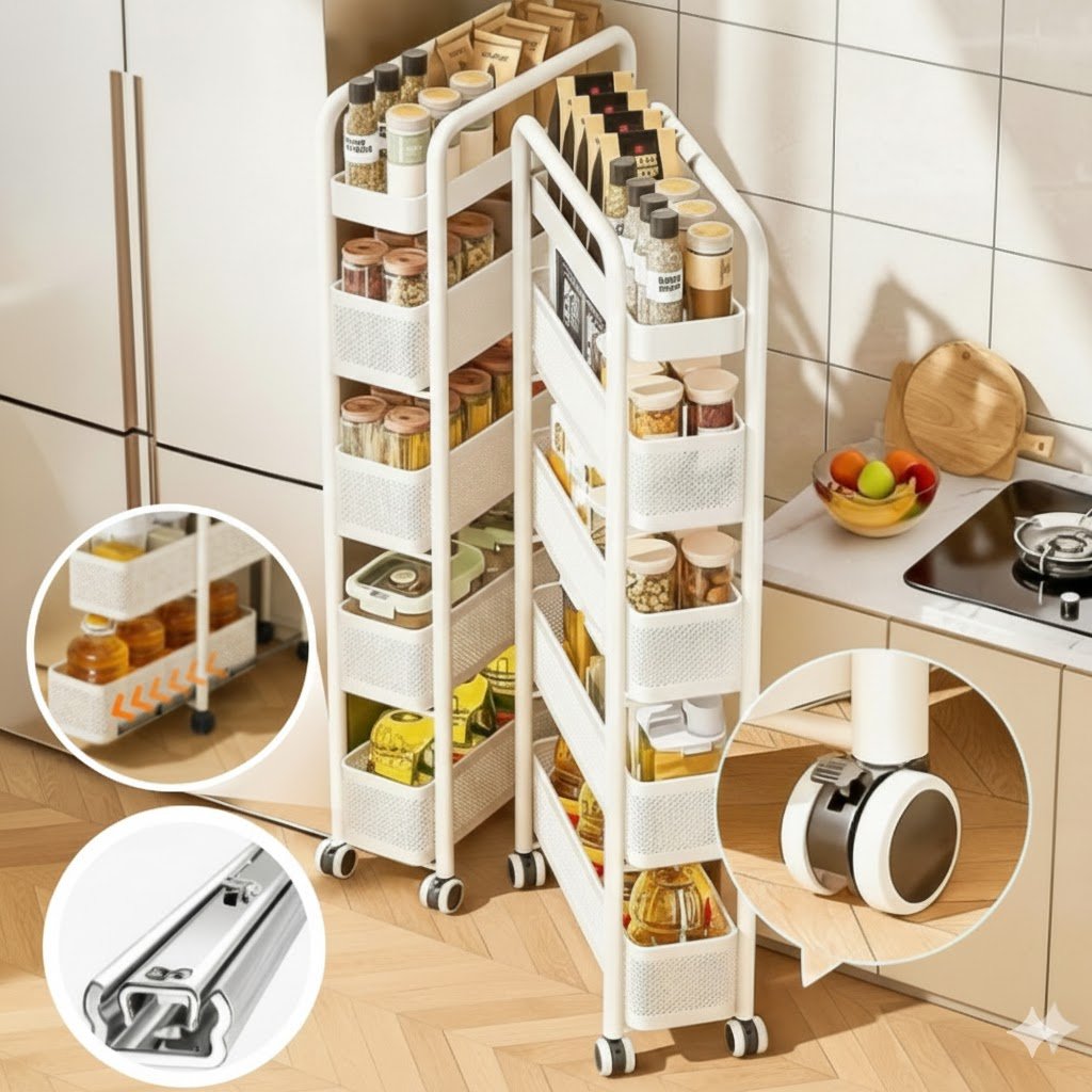 뷰리어스 15cm 틈새장 12cm 5단 슬라이딩 철제 슬림 트롤리 화이트쿠폰할인 상세 이미지 1