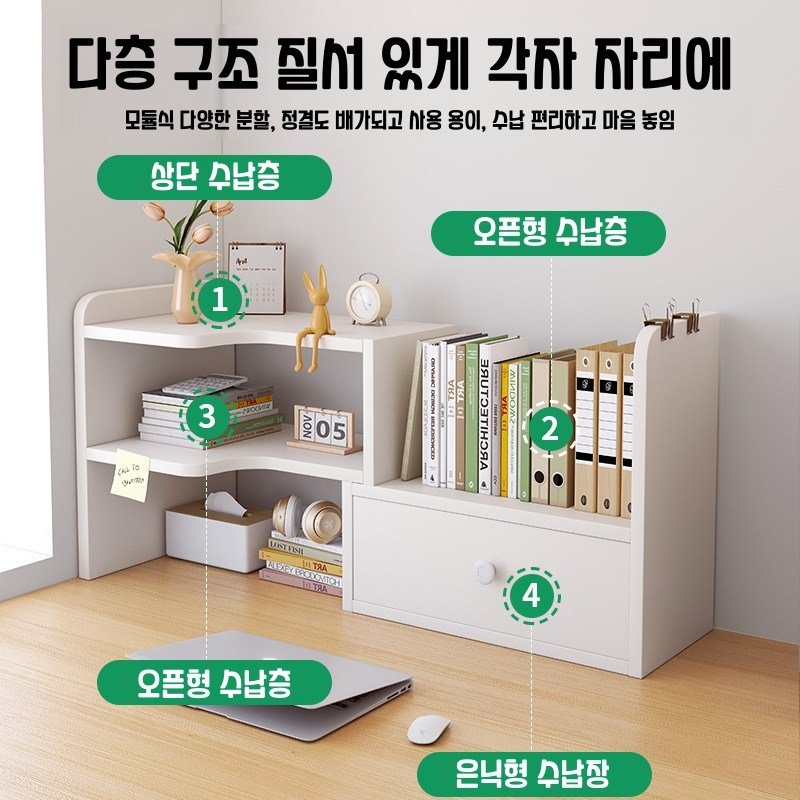 책상 책꽂이 선반 다용도 탁상용 책장 길이 조절형 책상정리 3단 선반 수납 선반 세트 미니 서랍 정리대 도어 오픈 수납 선반, 원목색할인 상세 이미지 2