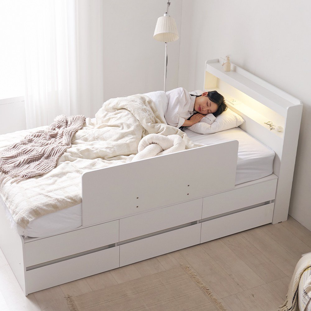 바로방가구 로랑A LED 6서랍 수납침대 프레임 슈퍼싱글침대 SS (안전가드미포함), 화이트 상세 이미지 1